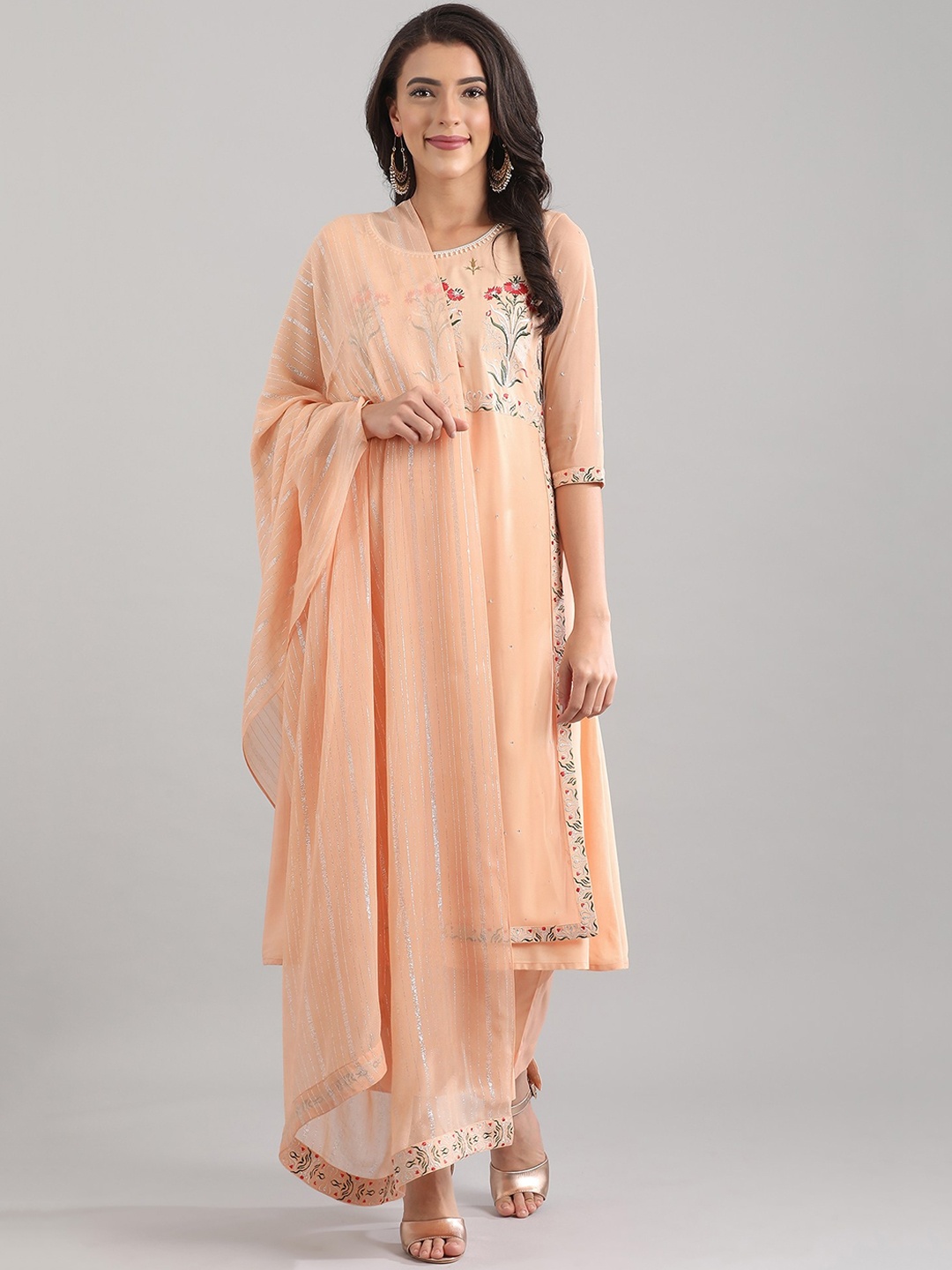 

AURELIA Women Peach Ethnic Motifs Embroidered Sequinned Kurta with Trousers & Dupatta