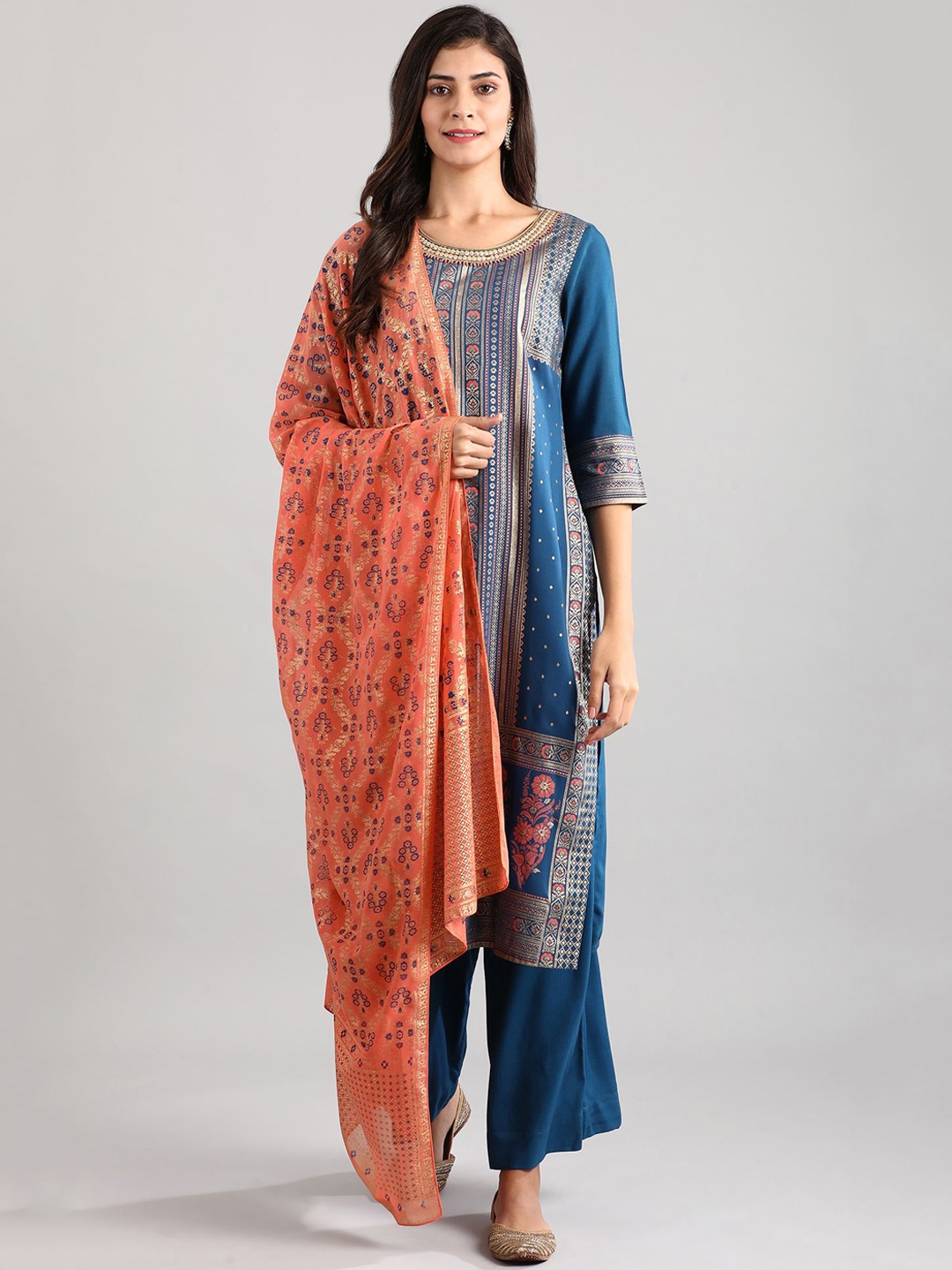 

AURELIA Women Blue Woven Design Ethnic Motifs Empire Kurta with Trousers & Dupatta