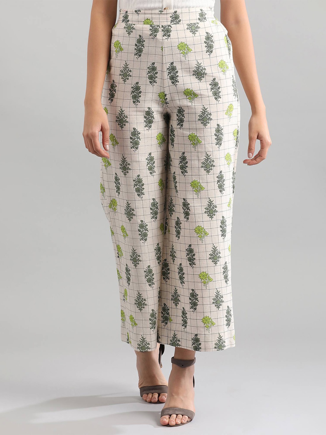 

AURELIA Women Off White & Green Floral Printed Ethnic Palazzos