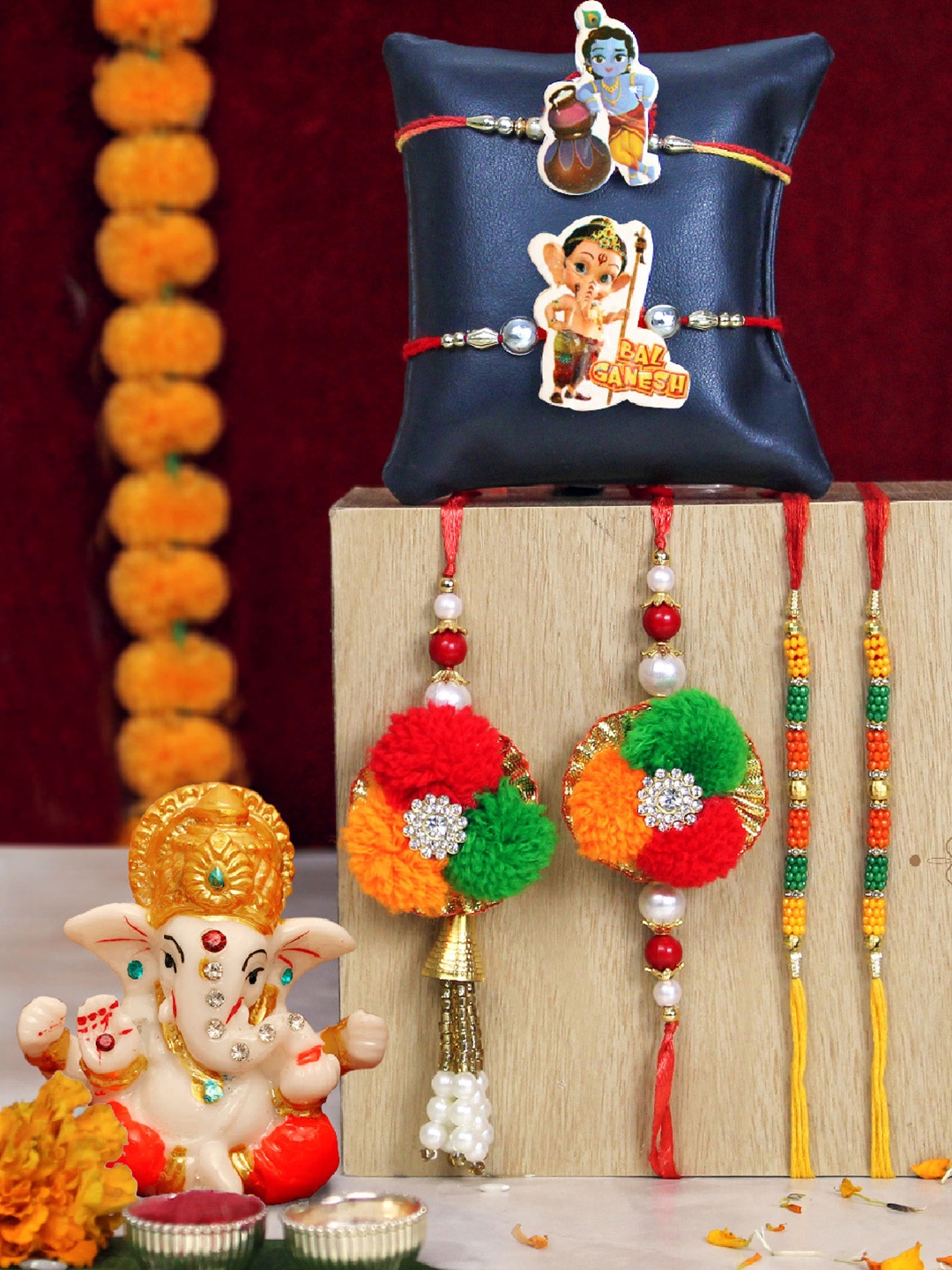 

TIED RIBBONS Set of 6 Bhaiya Bhabhi Kids Family Rakhi Combo with Ganesha Idol Gift, Multi