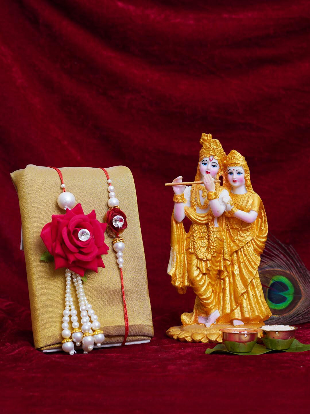 

TIED RIBBONS Brother & Bhabhi Rakhi Set with Radha Krishna Idol Statue & Roli Chawal Lumba, Multi