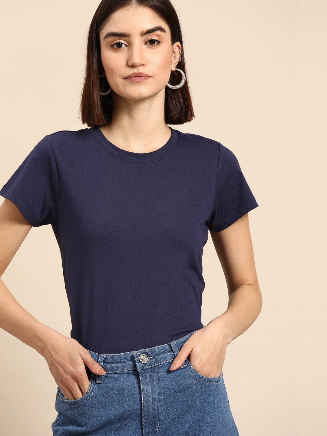 

all about you Women Navy Blue Solid T-shirt