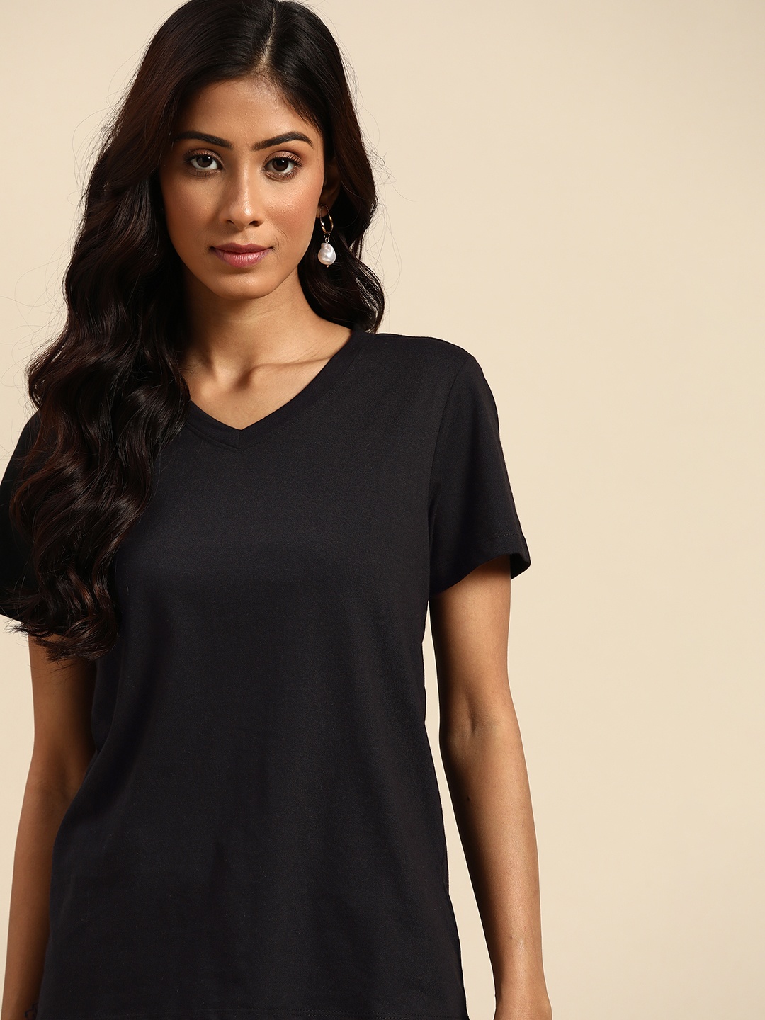 

all about you Women Black Solid V-Neck T-shirt