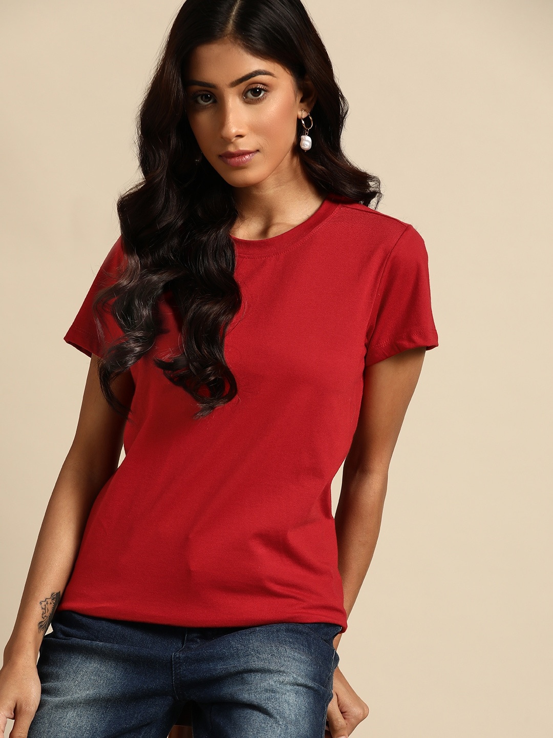 

all about you Women Red Solid Round Neck T-shirt