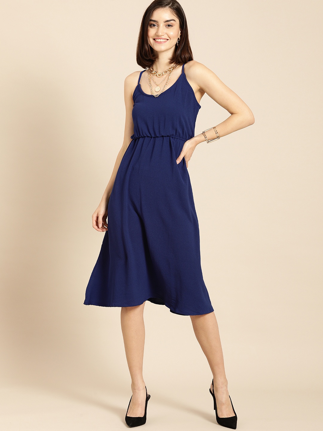 

all about you Navy Blue Shoulder Strap A-Line Midi Dress
