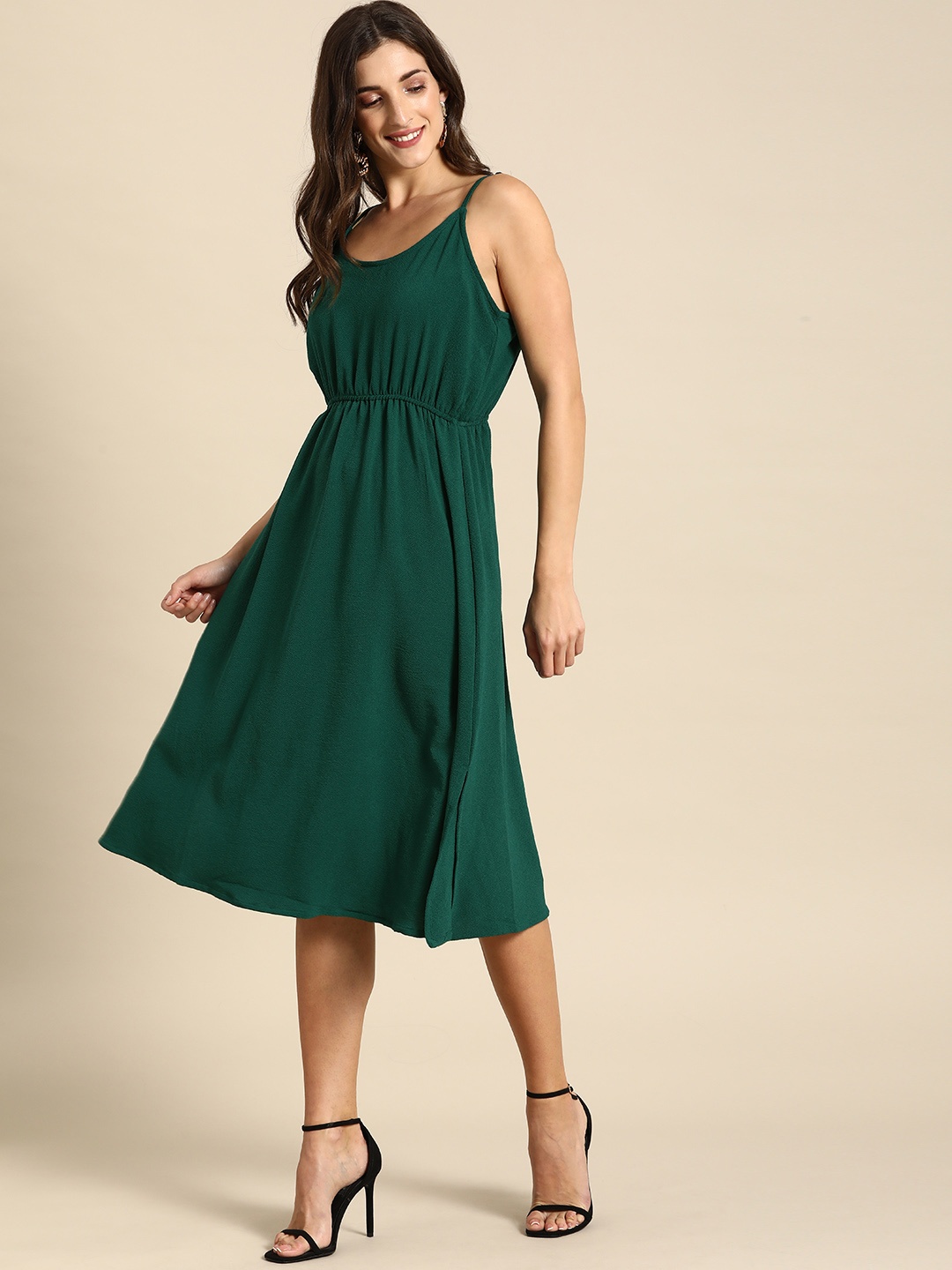 

all about you Dark Green Solid Gathered Drop-Waist Sleeveless Midi Dress