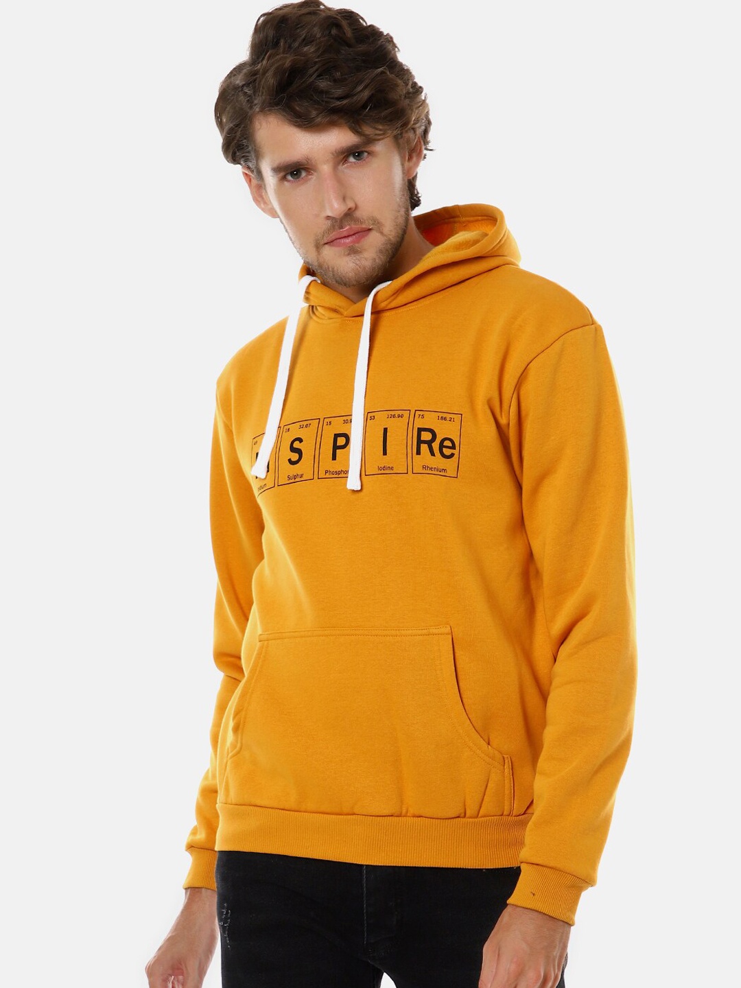 

Campus Sutra Men Mustard & Black Typography Printed Pure Cotton Hooded Sweatshirt