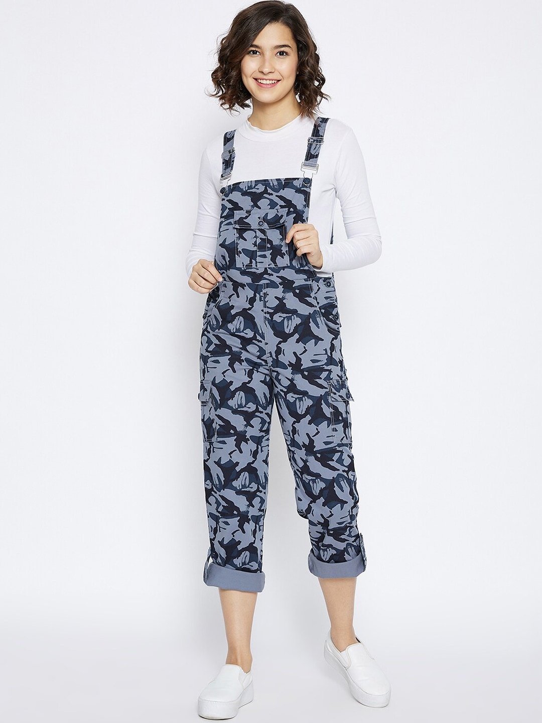 

Crimsoune Club Women Blue Camouflage Printed Cotton Comfort-Fit Dungarees