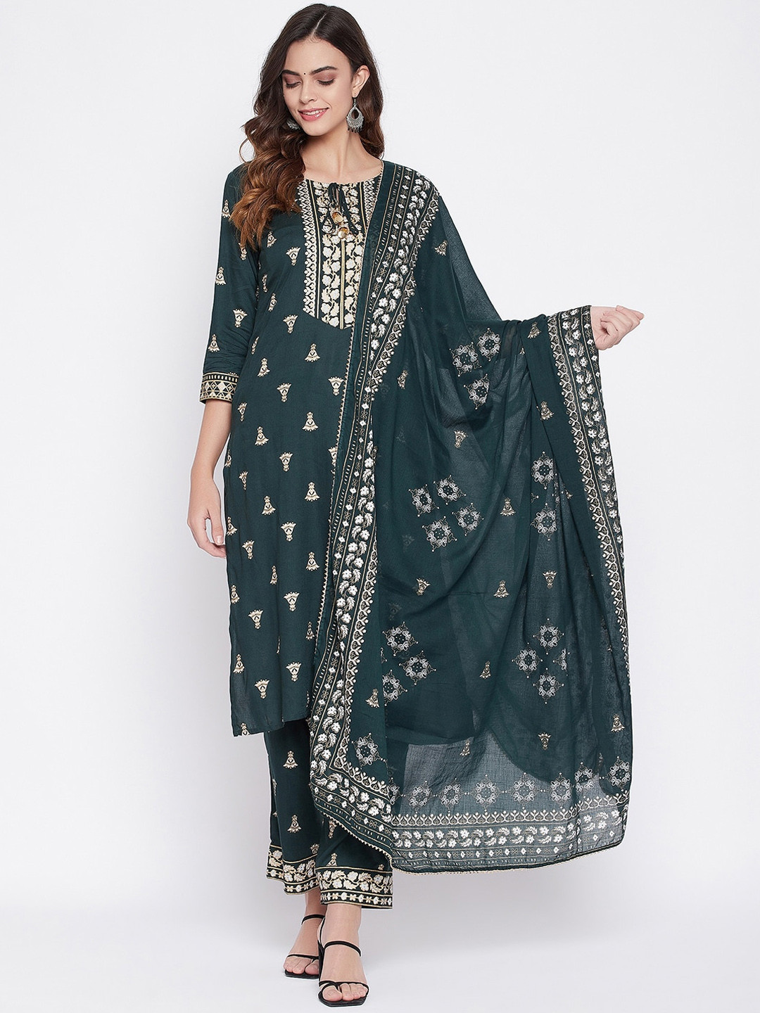 

Prakhya Women Green Ethnic Motifs Printed Kurta with Palazzos & With Dupatta