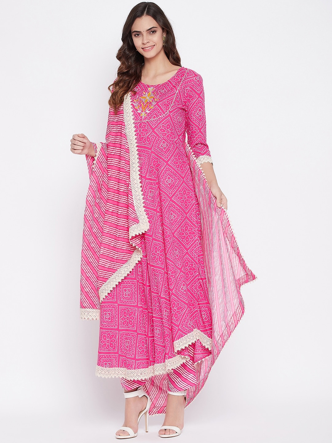 

Prakhya Women Pink Embroidered Empire Kurti with Salwar & With Dupatta