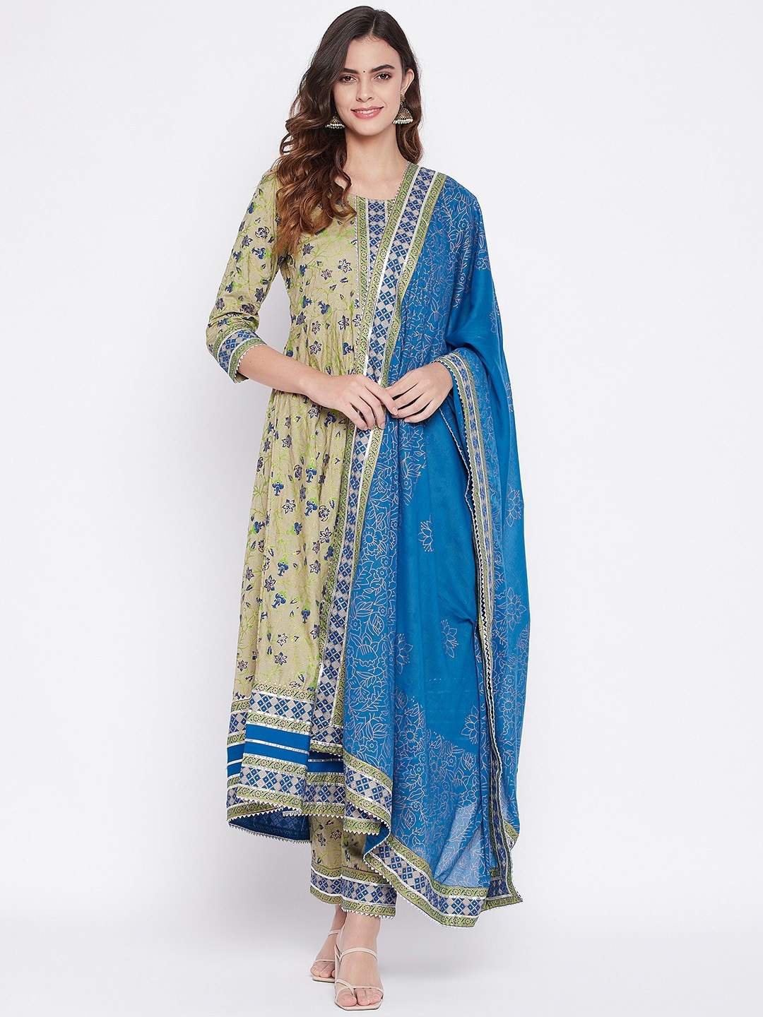 

Prakhya Women Green Embroidered Pleated Kurti with Trousers & With Dupatta