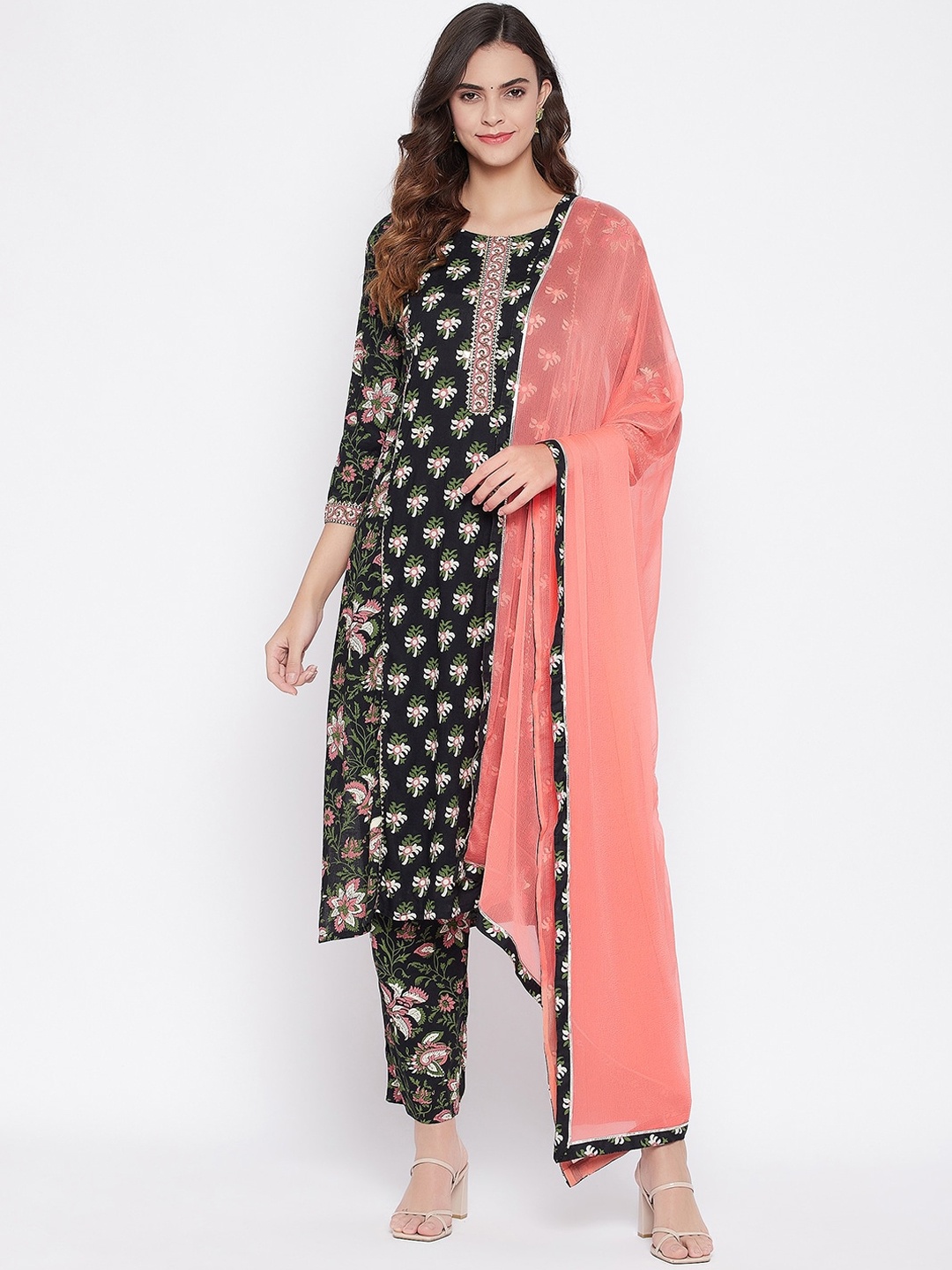 

Prakhya Women Black Ethnic Motifs Printed Panelled Kurta with Trousers & With Dupatta