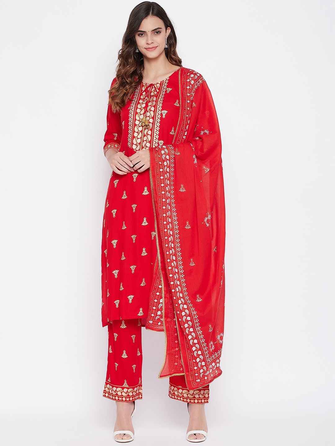 

Prakhya Women Red Ethnic Motifs Printed Kurta with Trousers & With Dupatta