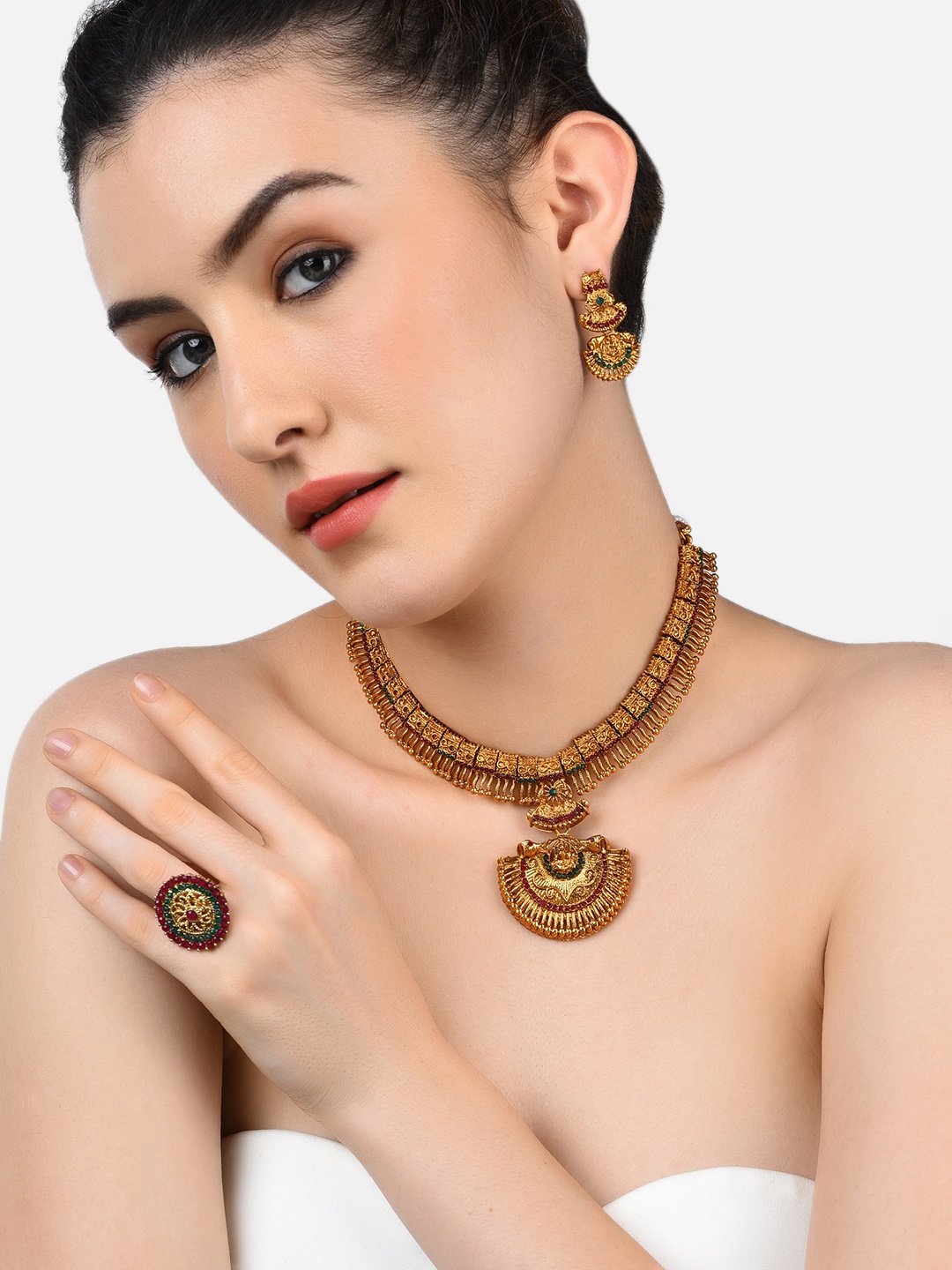

Zaveri Pearls Gold-Plated Red & Green Stone-Studded Temple Jewellery Set