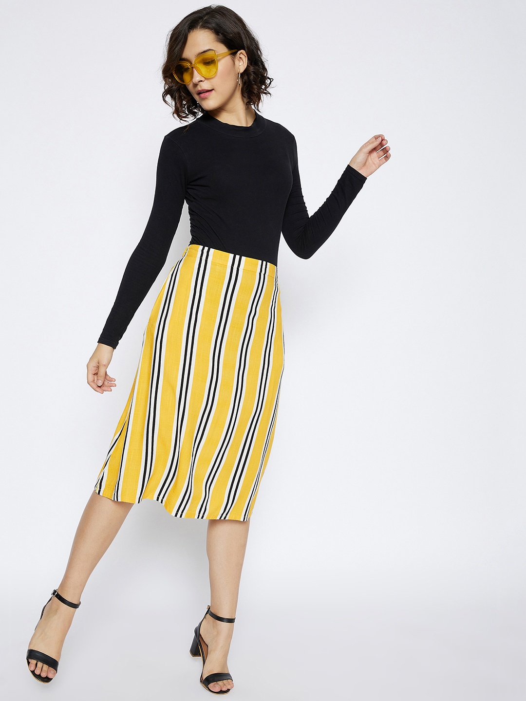 

Crimsoune Club Women Yellow & White Striped A-Line Skirt