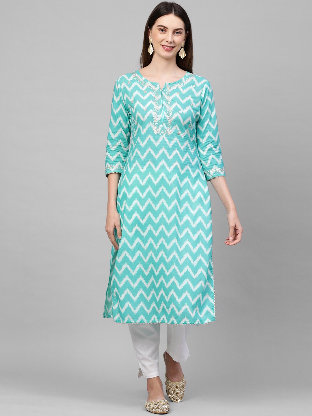 

FASHOR Women Turquoise Blue Chevron Printed Pure Cotton Kurta with Trousers