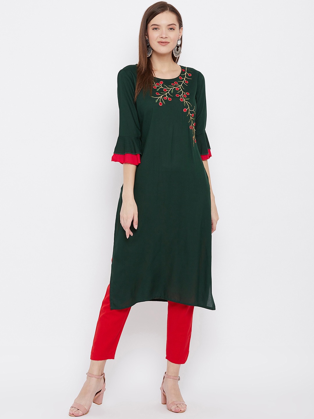 

Prakhya Women Green & Red Embroidered Thread Work Kurta