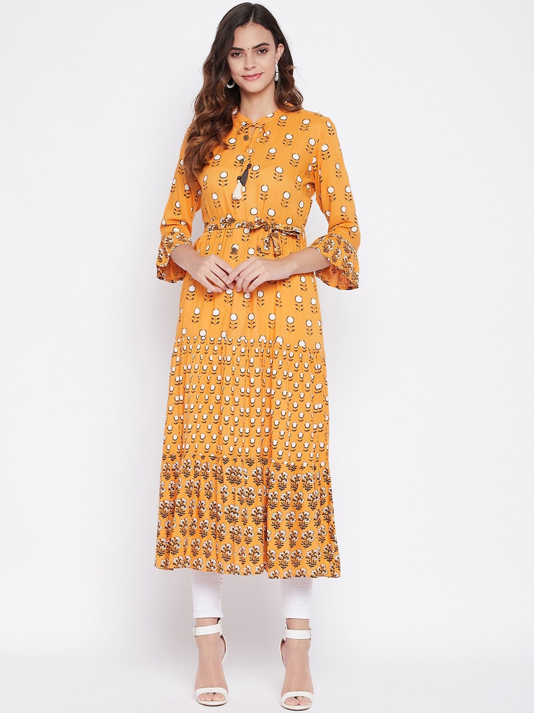 

Prakhya Women Yellow & Off White Ethnic Motifs Printed Bell Sleeves Anarkali Kurta