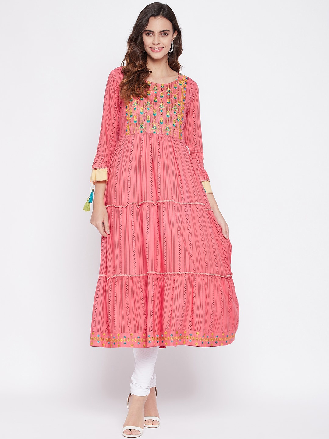 

Prakhya Women Peach-Coloured & Yellow Striped Bell Sleeves Thread Work Anarkali Kurta