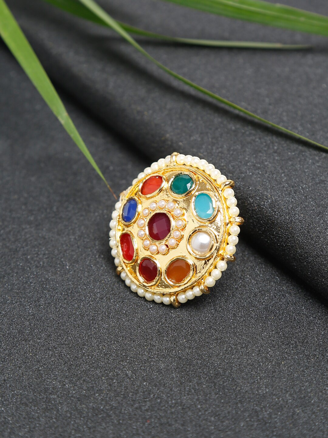 

Ruby Raang Gold-Plated Red & White Faux Kundan-Studded Faux Pearl Beaded Handcrafted Adjustable Navratan Finger Ring