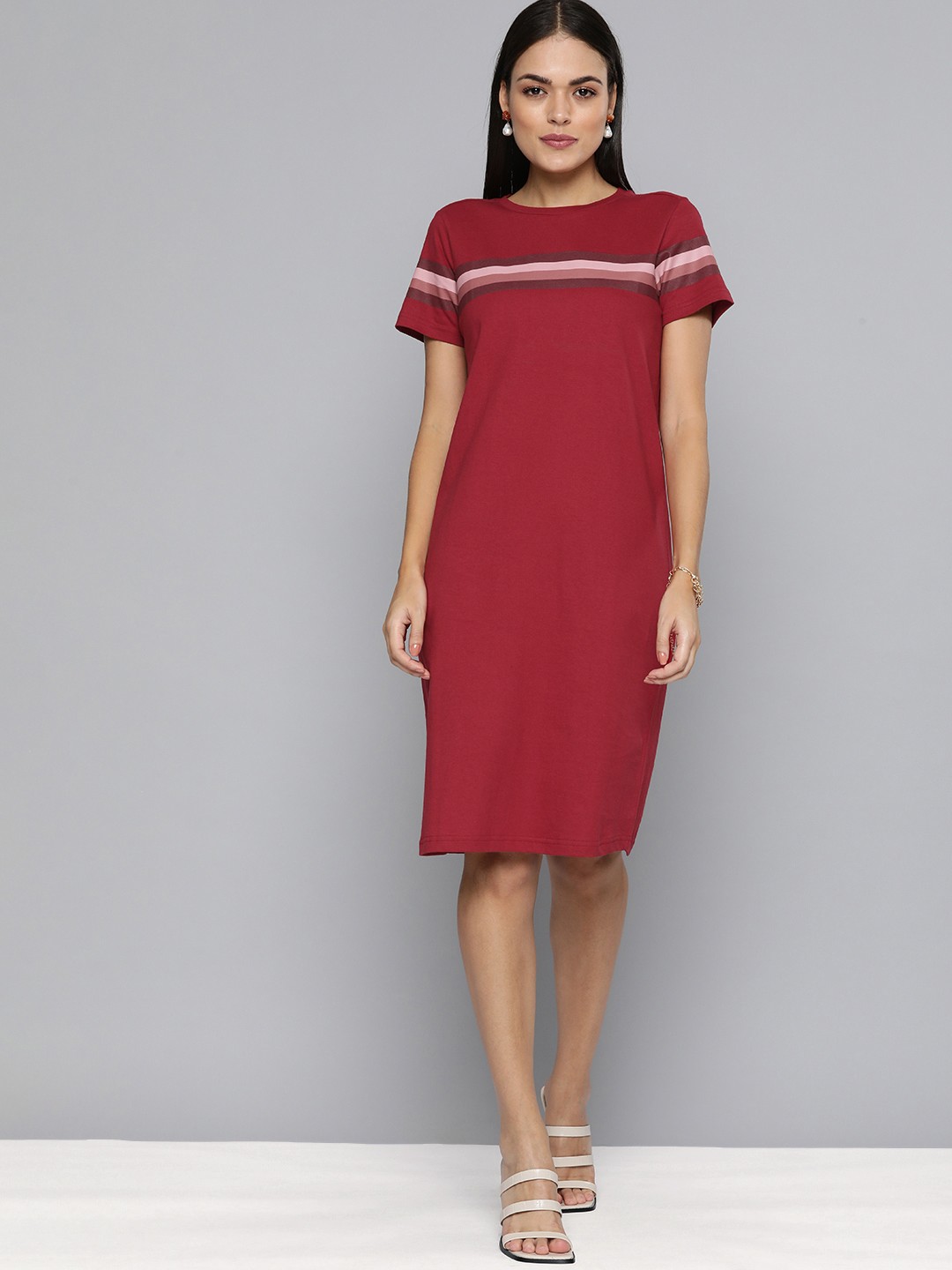 

Chemistry Red & Mauve Striped Pure Cotton T-shirt Dress