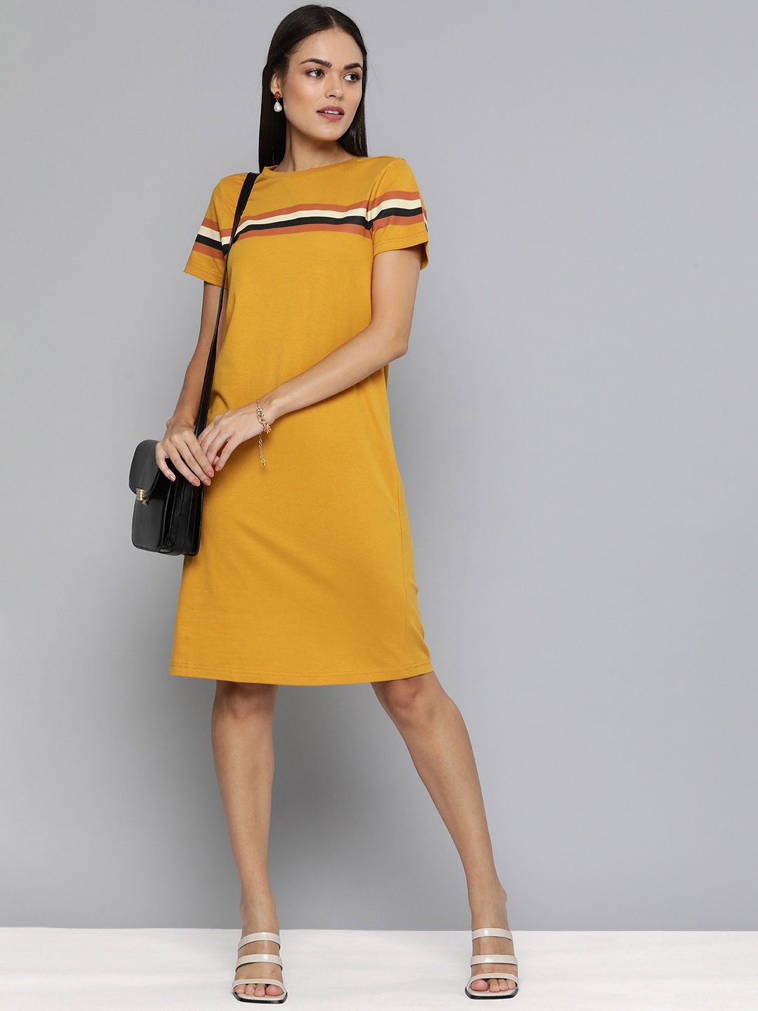 

Chemistry Mustard Yellow & Rust Orange Striped Pure Cotton T-shirt Dress