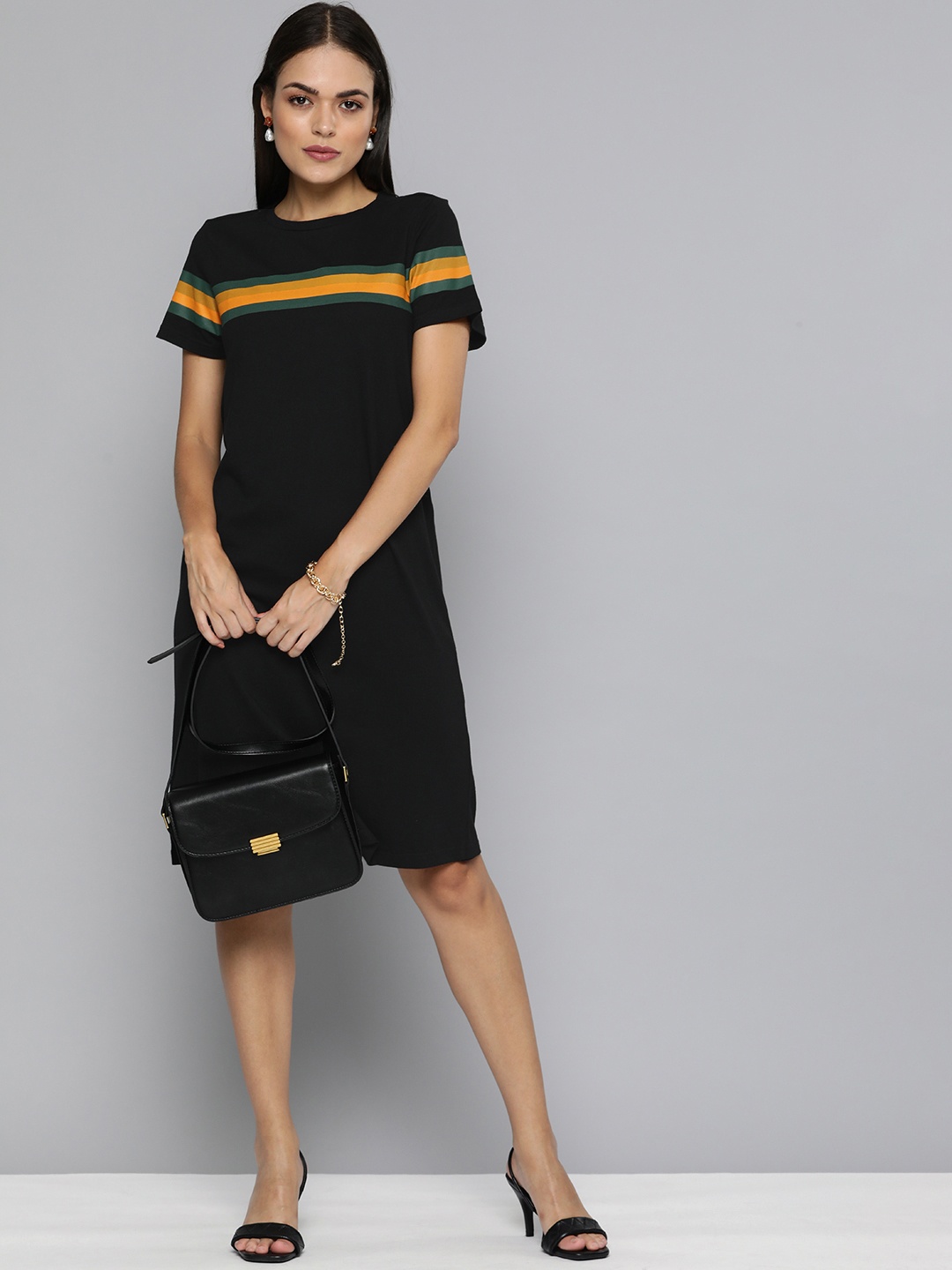 

Chemistry Black & Green Striped Pure Cotton T-shirt Dress