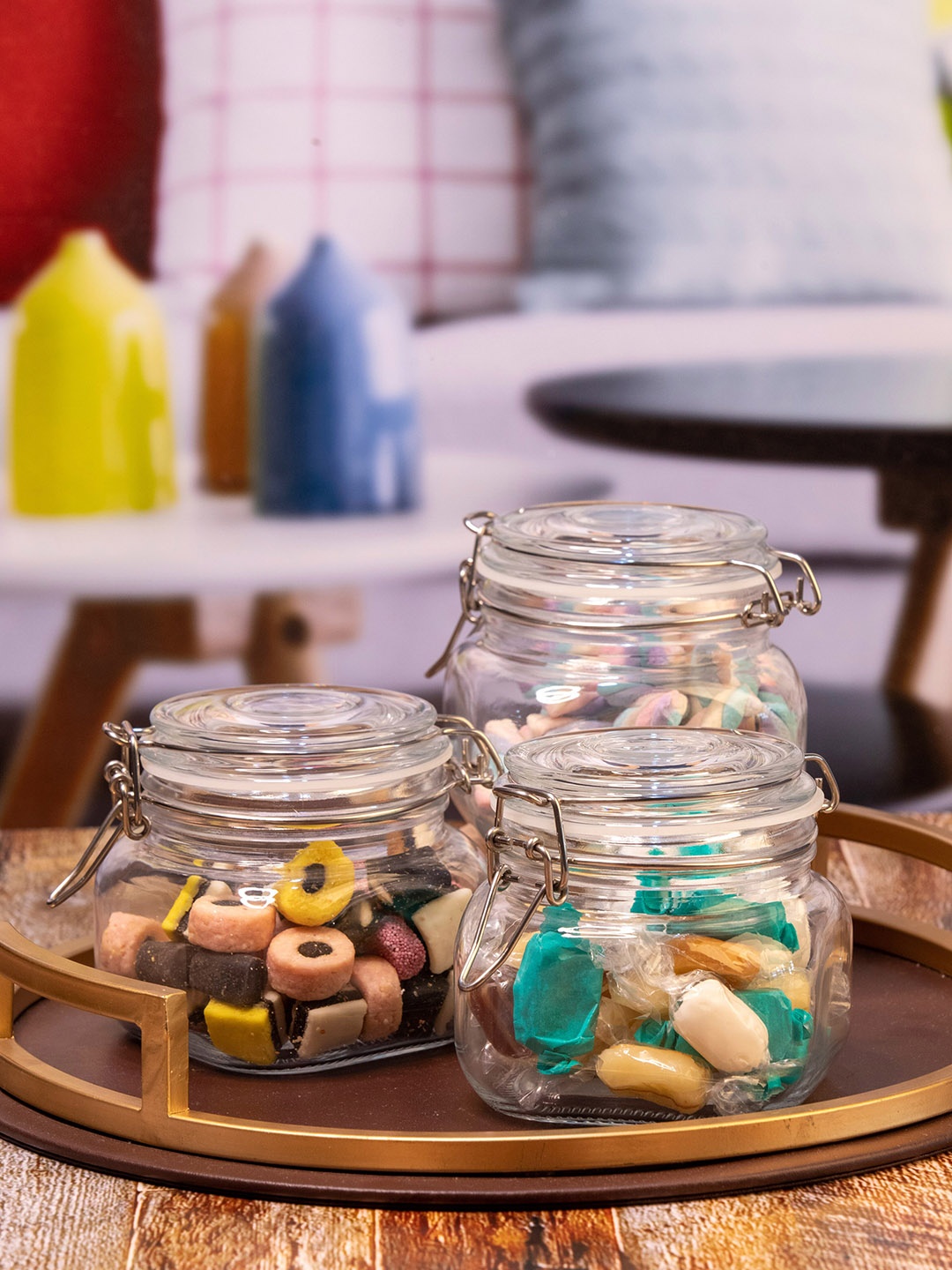 

GOODHOMES Set Of 3 Transparent Solid Glass Storage Jar With Clip Lid