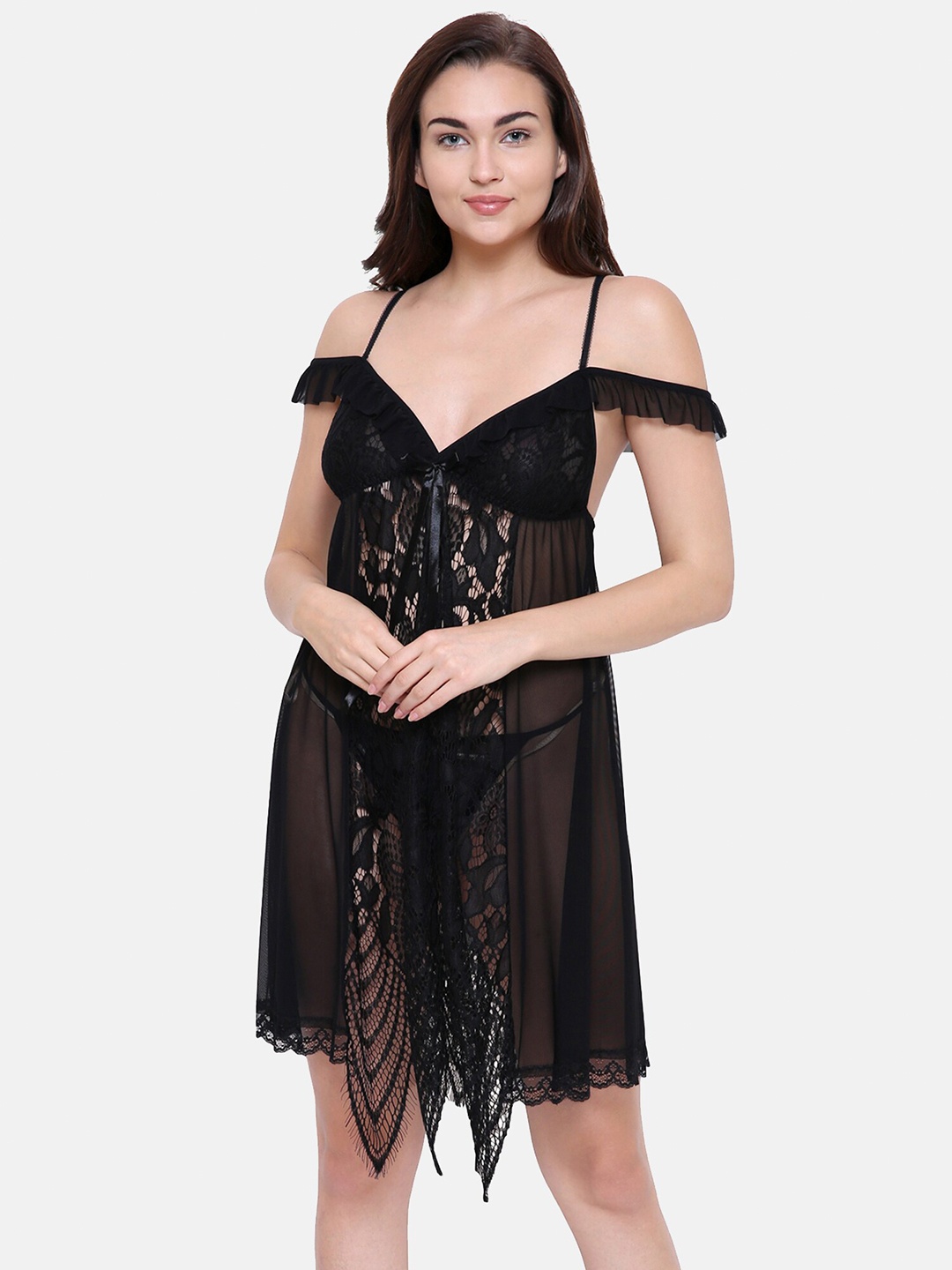 

FashionRack Women Black Net and Lace Baby Doll with Briefs