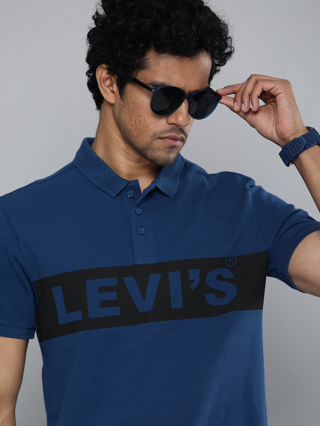 

Levis Men Blue Brand Logo Printed Polo Collar Pure Cotton T-shirt