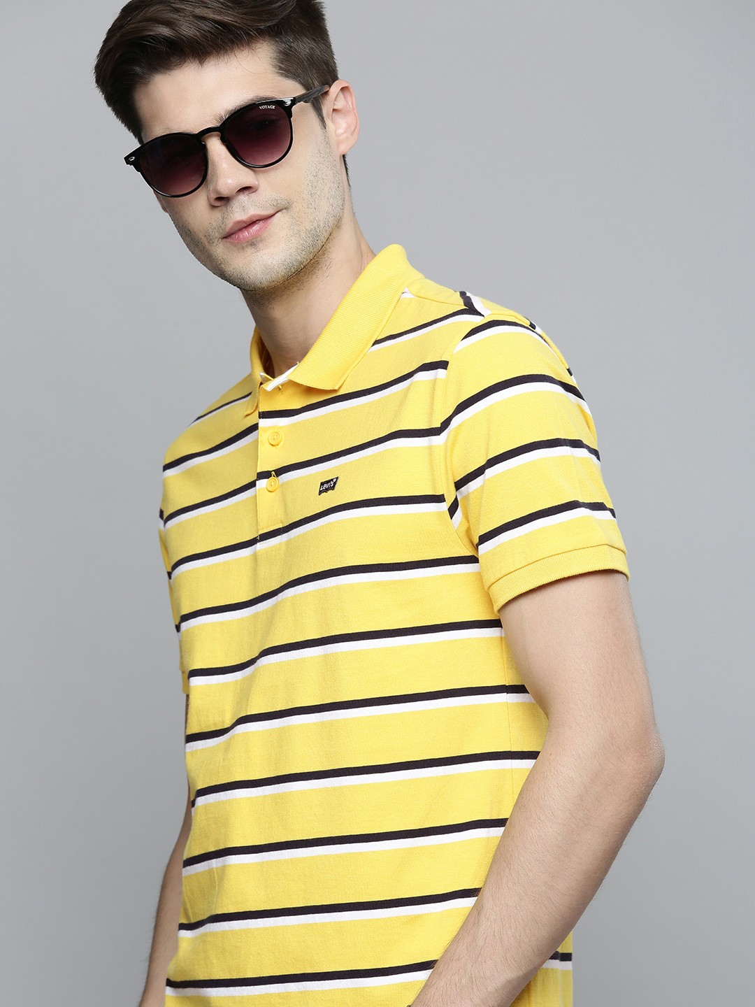 

Levis Men Yellow Navy Blue Striped Polo Collar Pure Cotton T-shirt