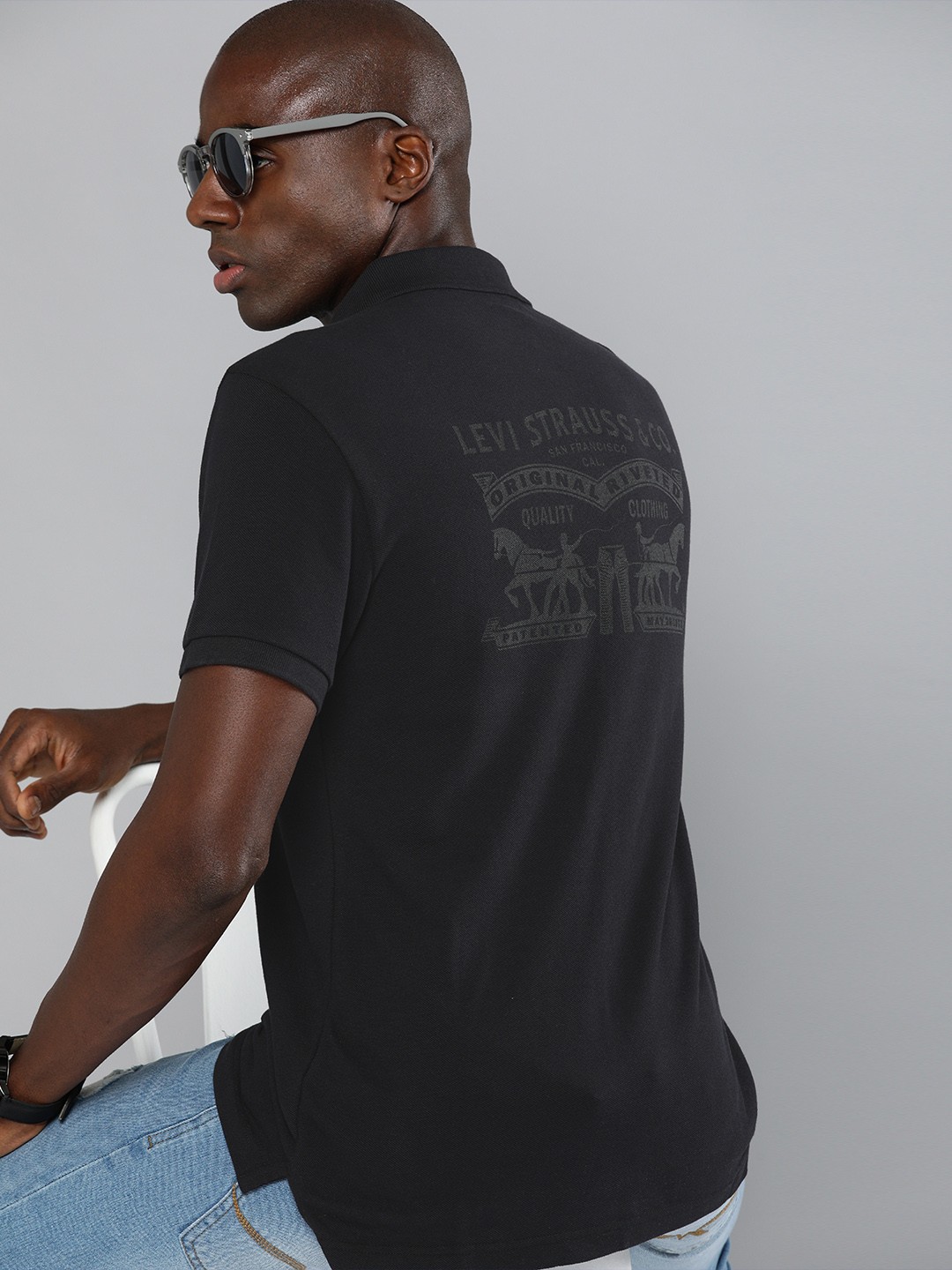 

Levis Men Black Back Printed Polo Collar Pure Cotton T-shirt