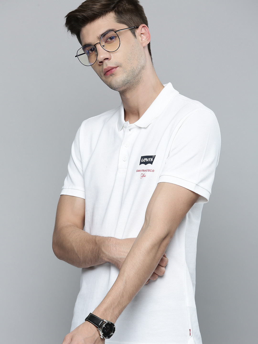 

Levis Men White Polo Collar Pure Cotton T-shirt with Brand Logo Printed Detail