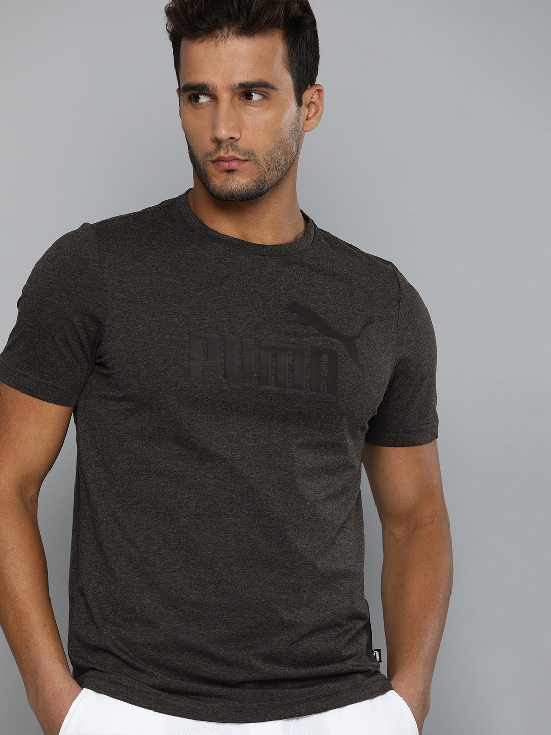 

Puma Men Charocal Grey Brand Logo Print Essentials Heather Sustainable T-shirt, Charcoal