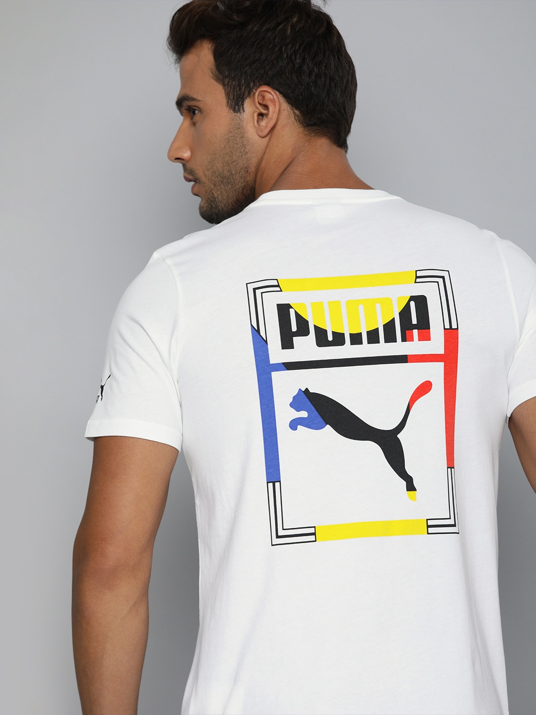 

Puma Men White Yellow Graphic Box Logo Play Pure Cotton T-shirt