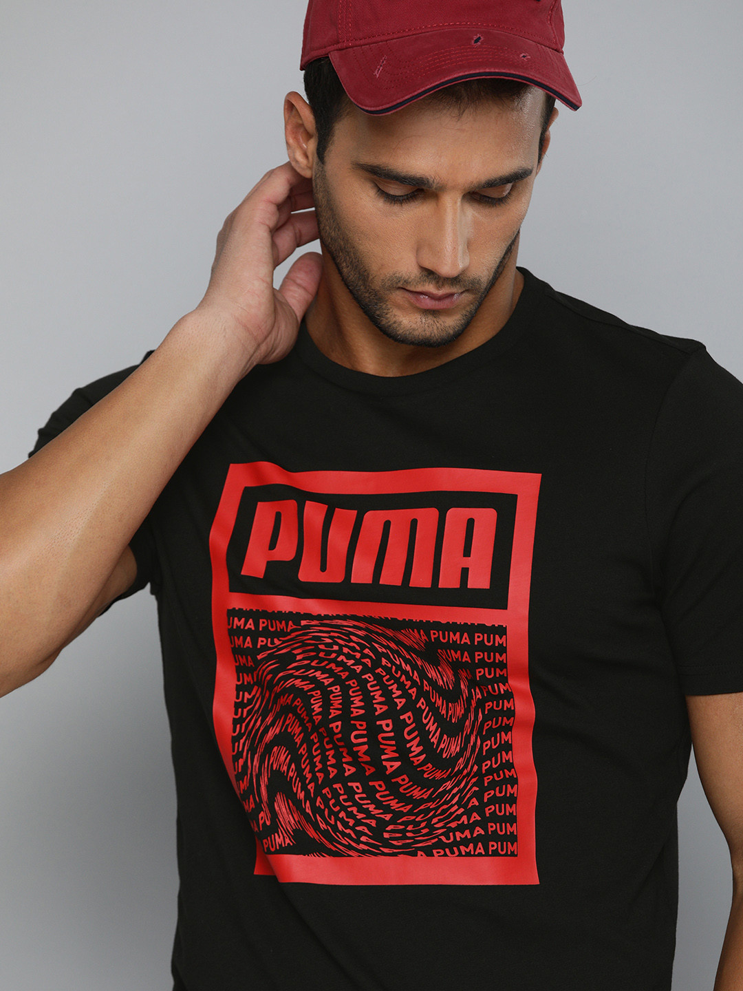 

Puma Men Black Red Cotton Graphic Box Brand Logo Print Play Pure Cotton T-shirt