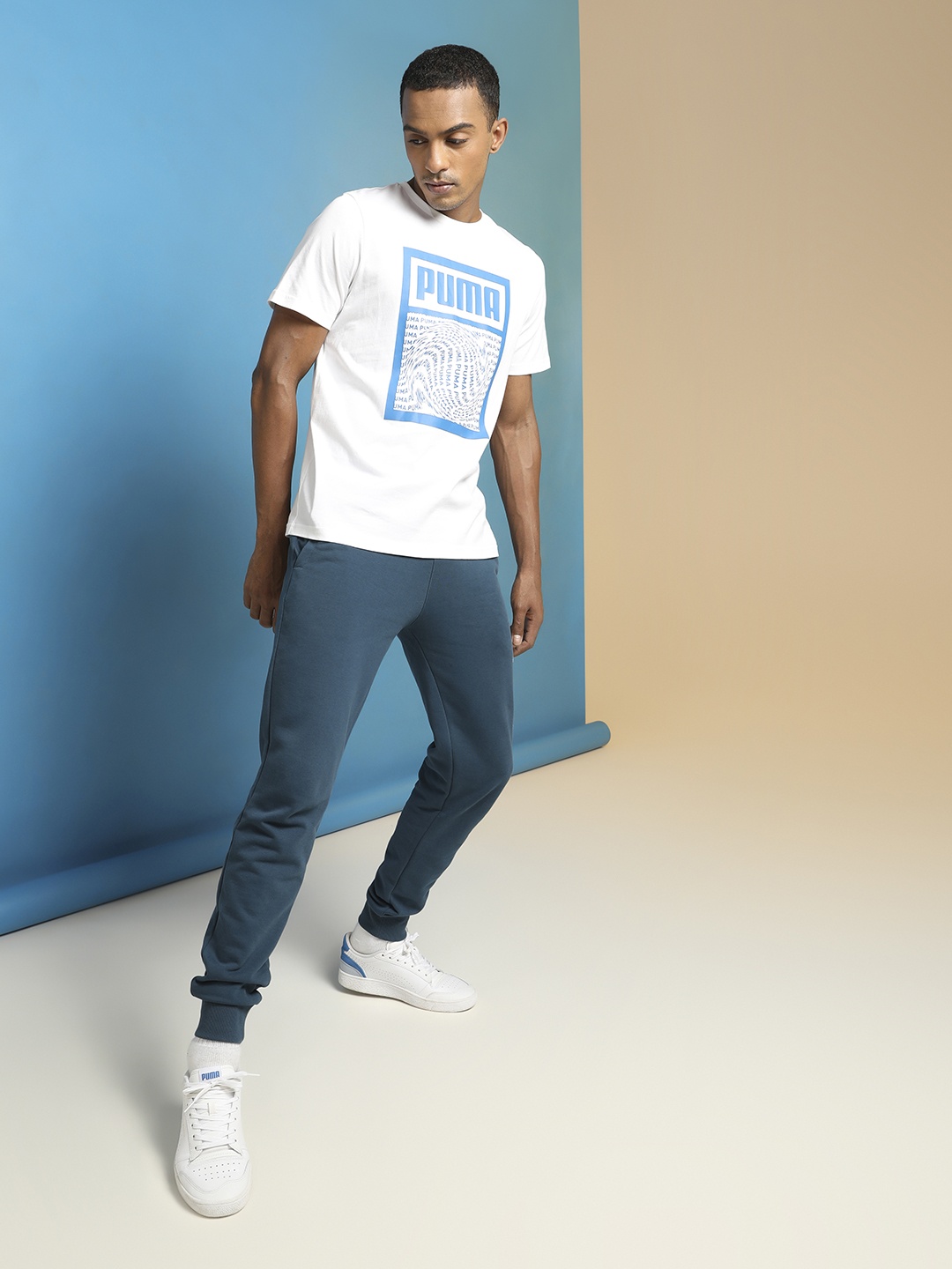 

Puma Men White Blue Cotton Graphic Box Brand Logo Print Play Pure Cotton T-shirt