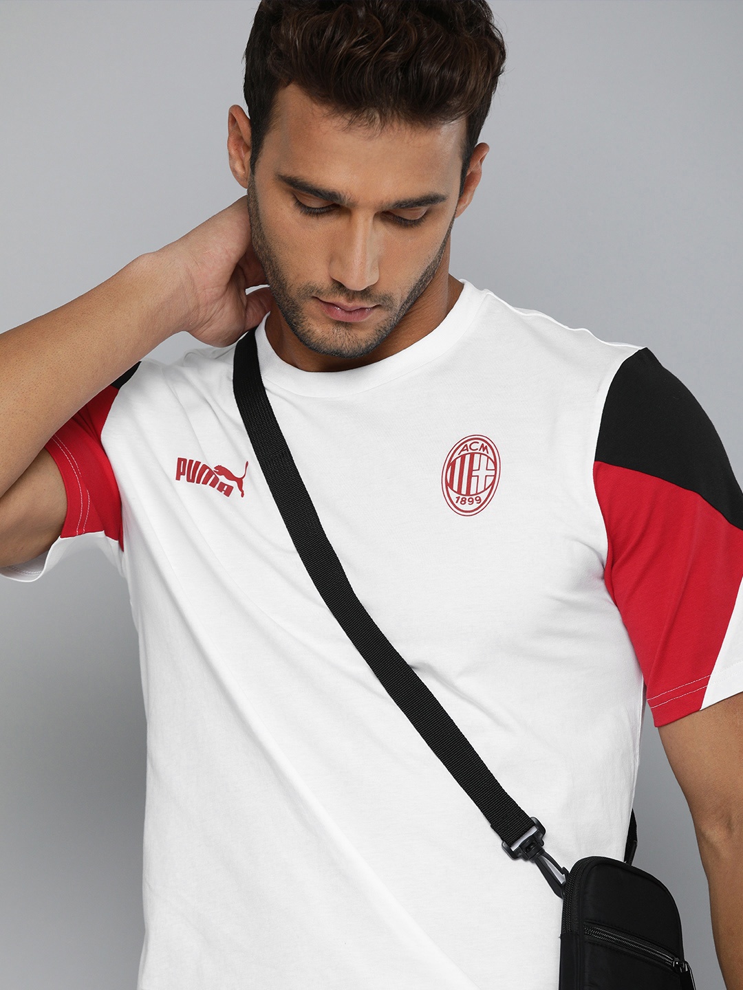 

Puma Men White Red Printed Back Pure Cotton AC Milan Culture Pure Cotton Football T-shirt