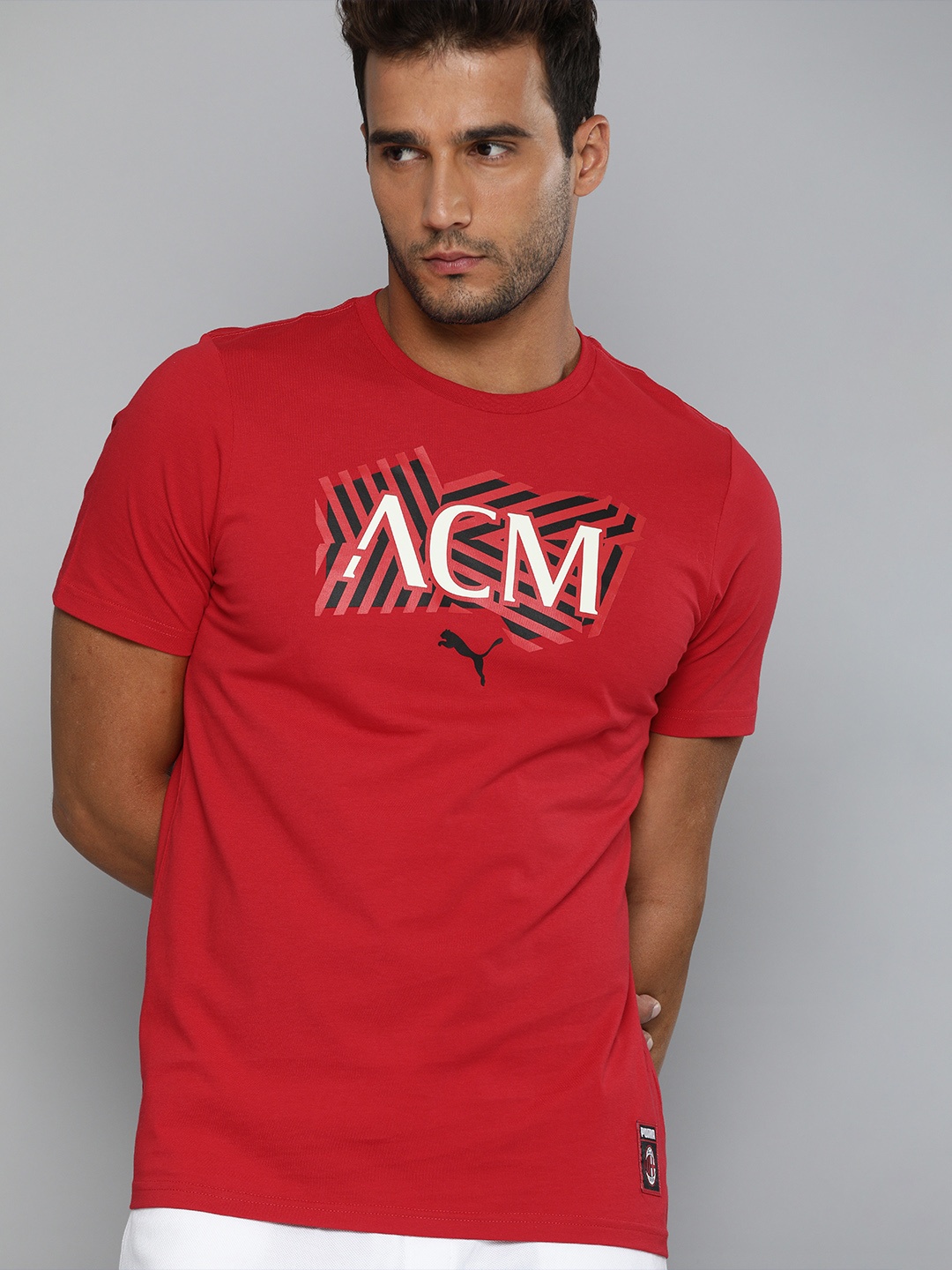 

Puma Men Red White AC Milan Football Core Pure Cotton Football T-shirt