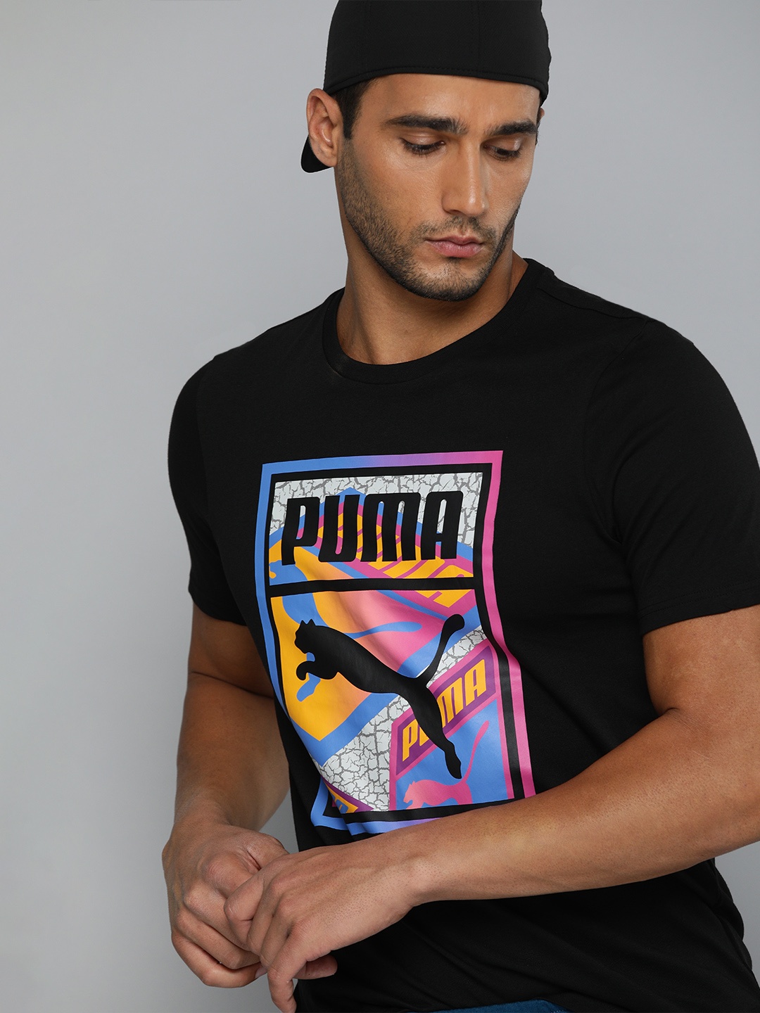 

Puma Men Black Graphic Box Brand Logo Printed T-shirt