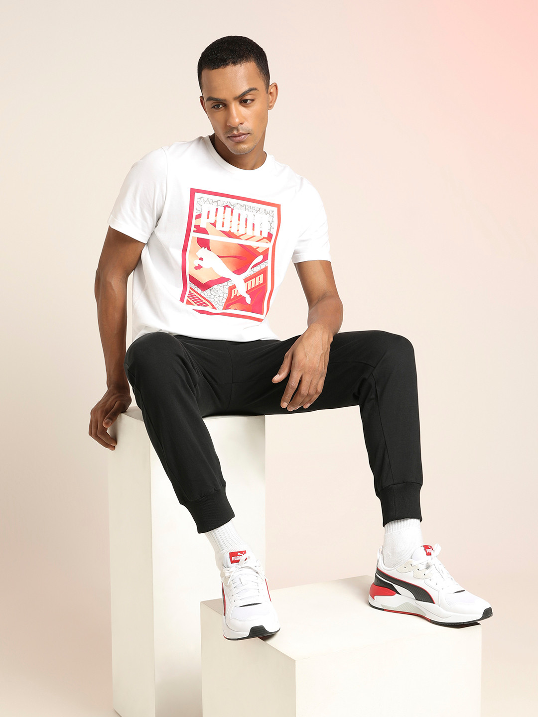 

Puma Men White Red Pure Cotton Graphic Box Logo Play Pure Cotton T-shirt