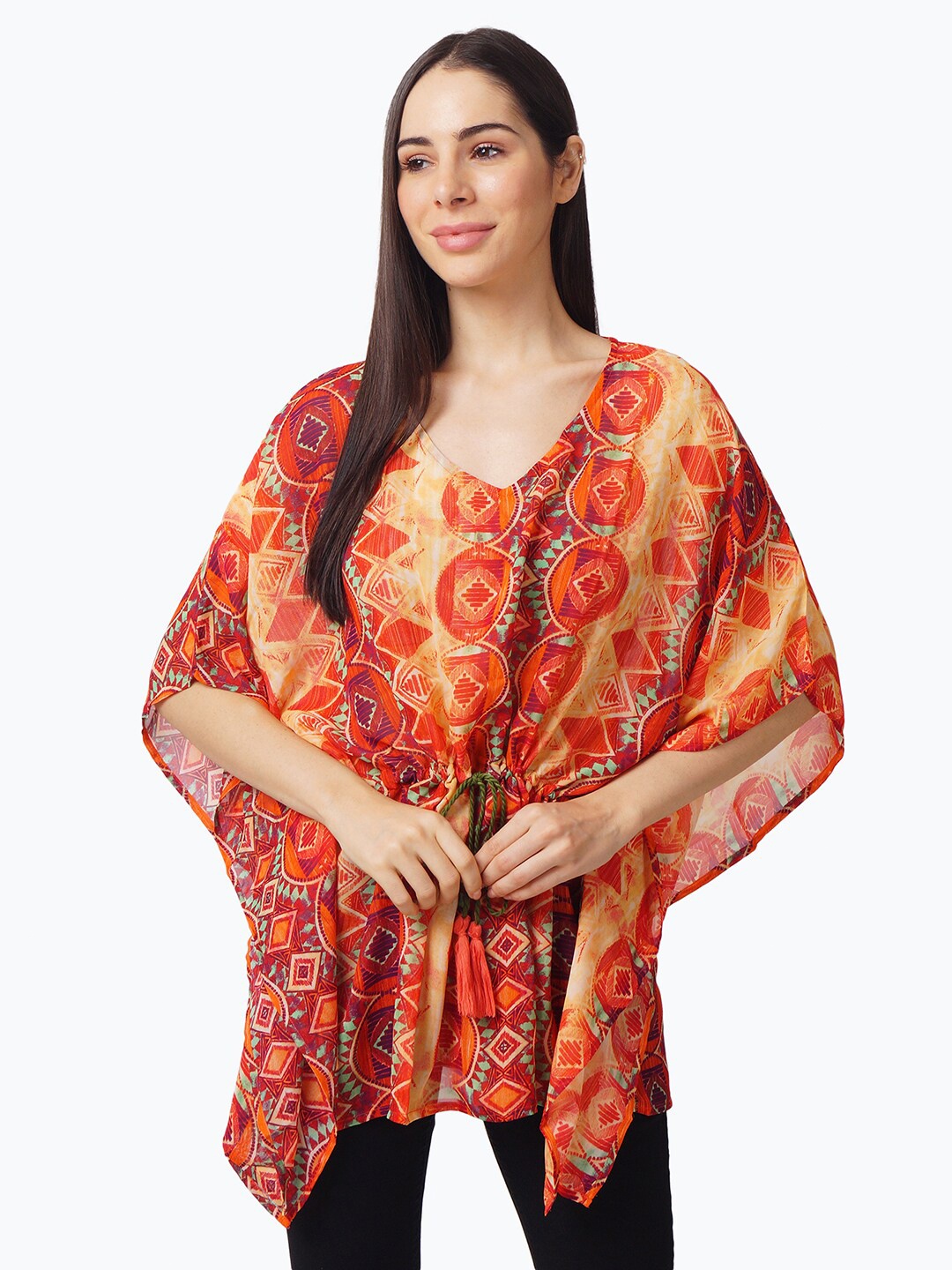 

IX IMPRESSION Women Orange & Yellow Geometric Printed Georgette Kaftan Top