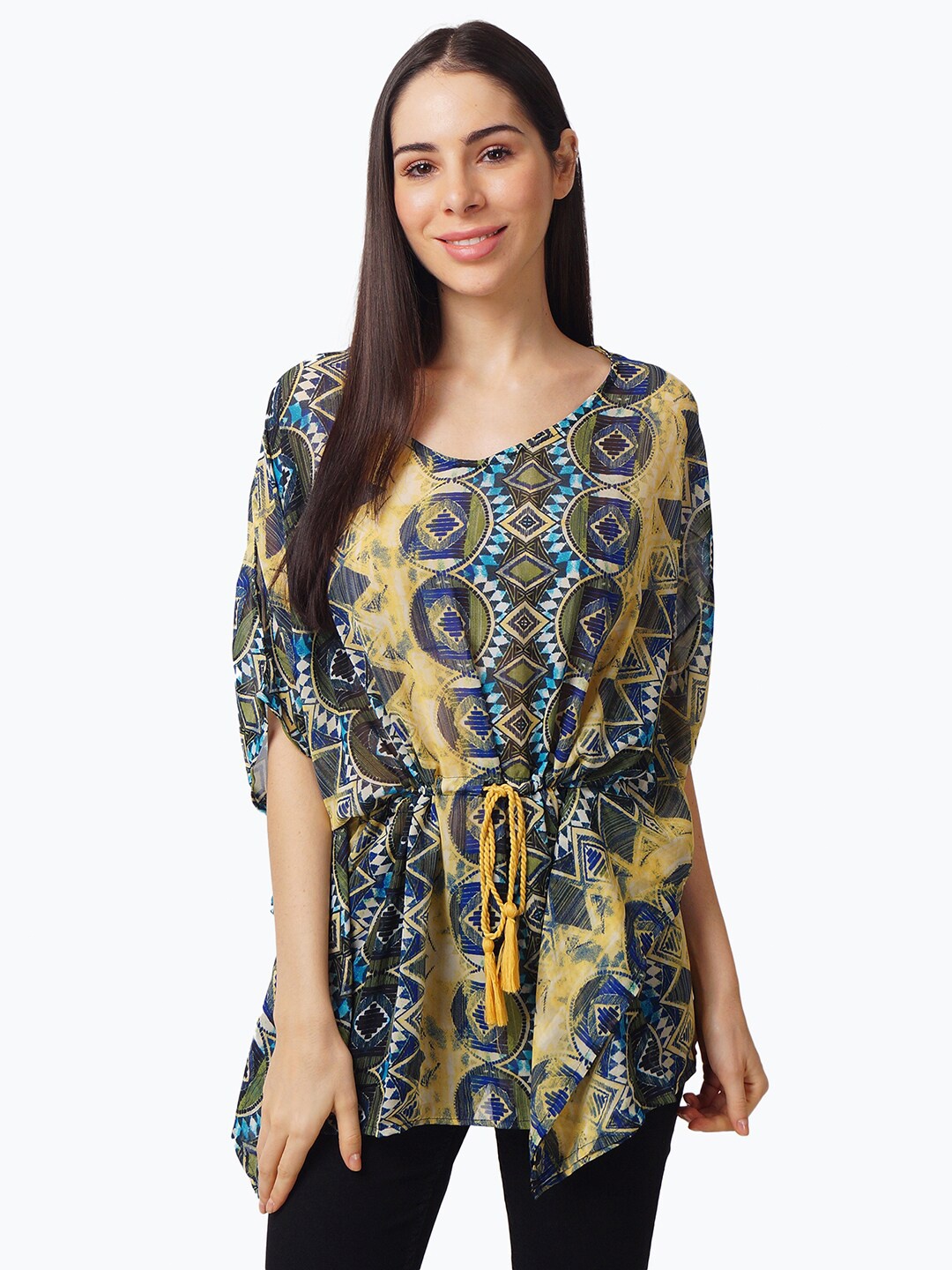 

IX IMPRESSION Women Yellow & Blue Geometric Printed Georgette Kaftan Top