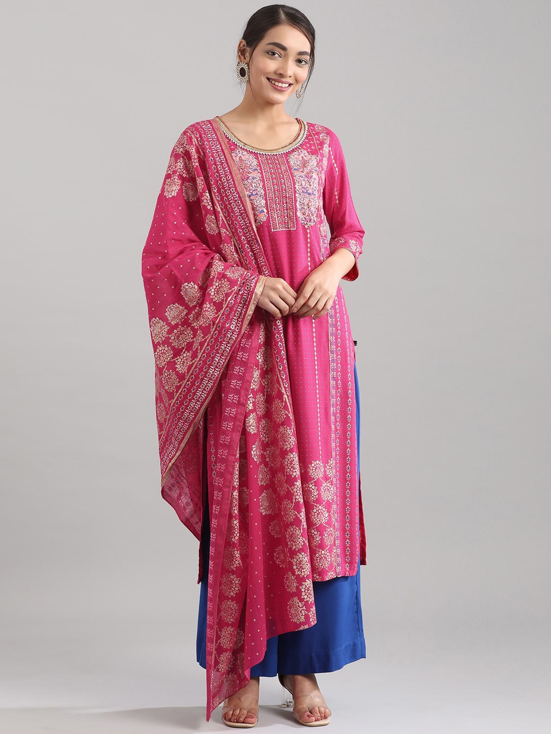 

AURELIA Women Pink Ethnic Motifs Printed Beads and Stones Kurta with Palazzos & With Dupatta