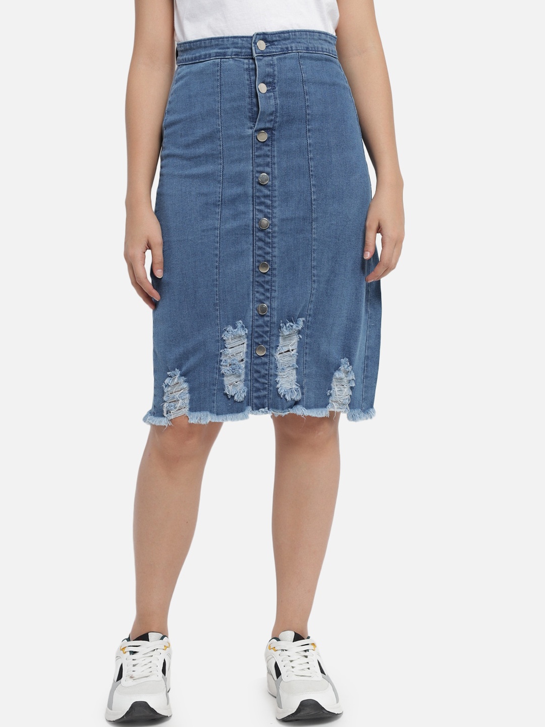 

The Dry State Women Blue Solid Washed Denim A-Line Skirt