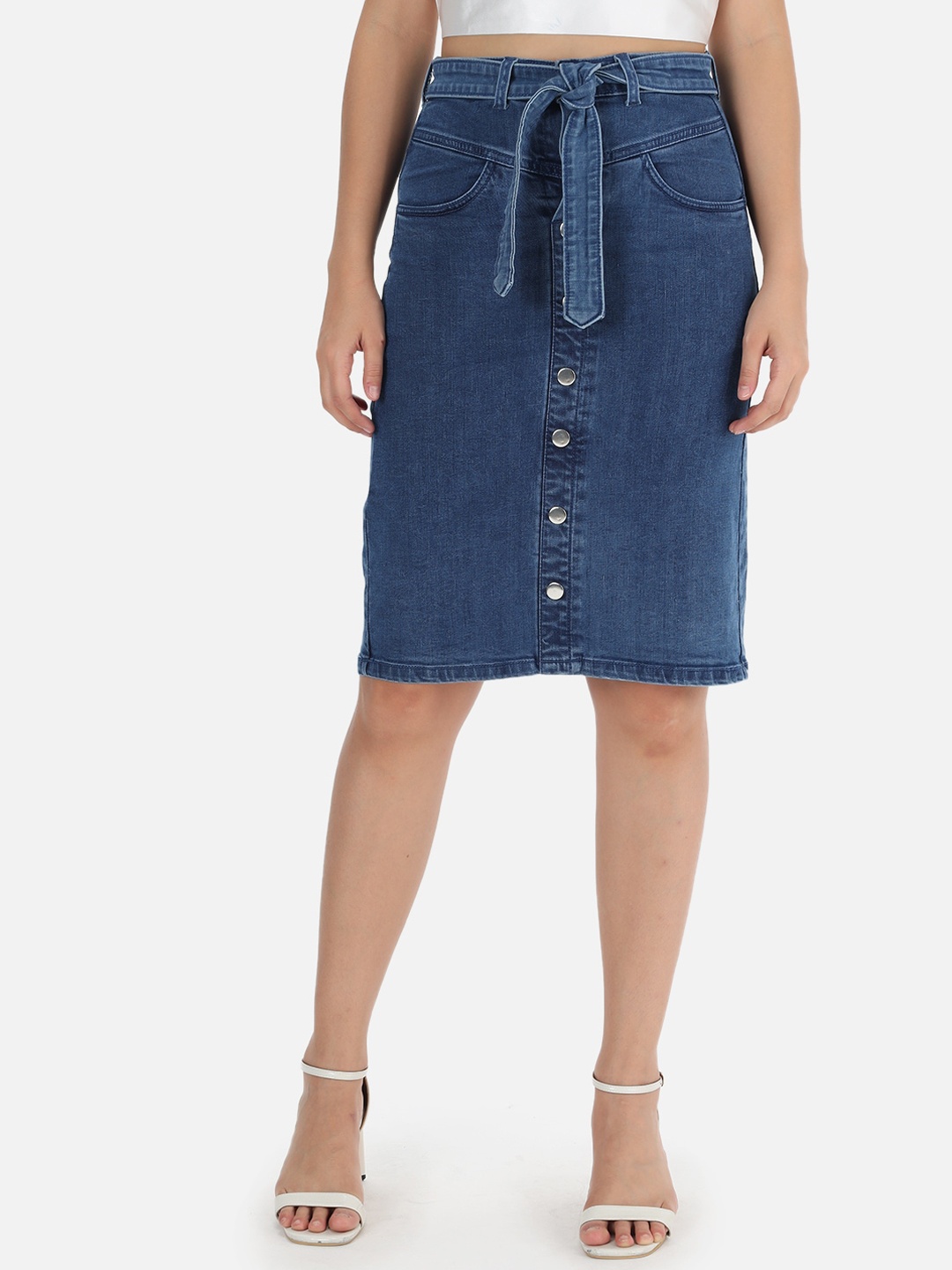 

The Dry State Women Blue Solid Denim A-Line Skirt with Belt