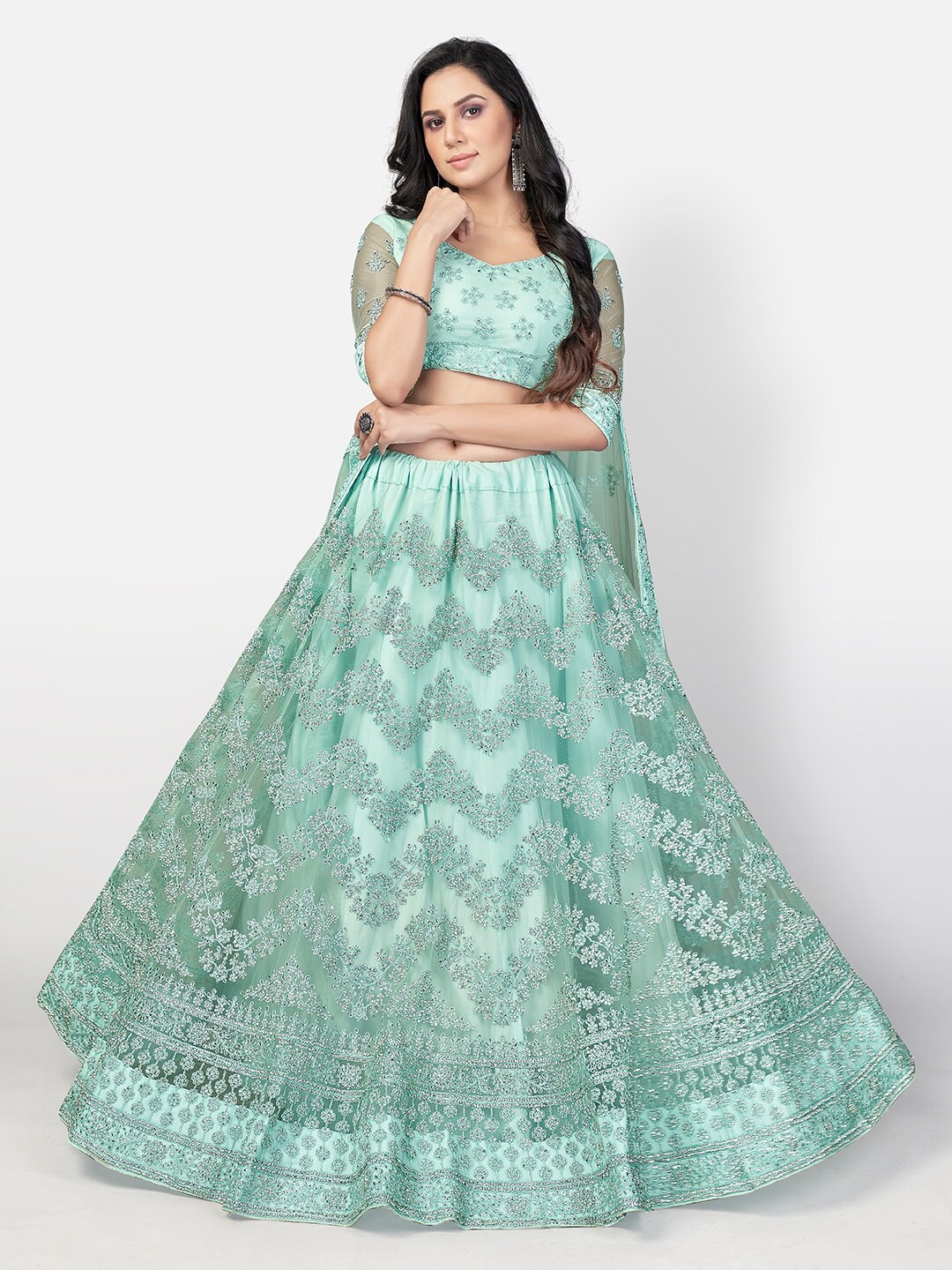 

SHOPGARB Sea Green Embroidered Semi-Stitched Lehenga & Unstitched Blouse With Dupatta