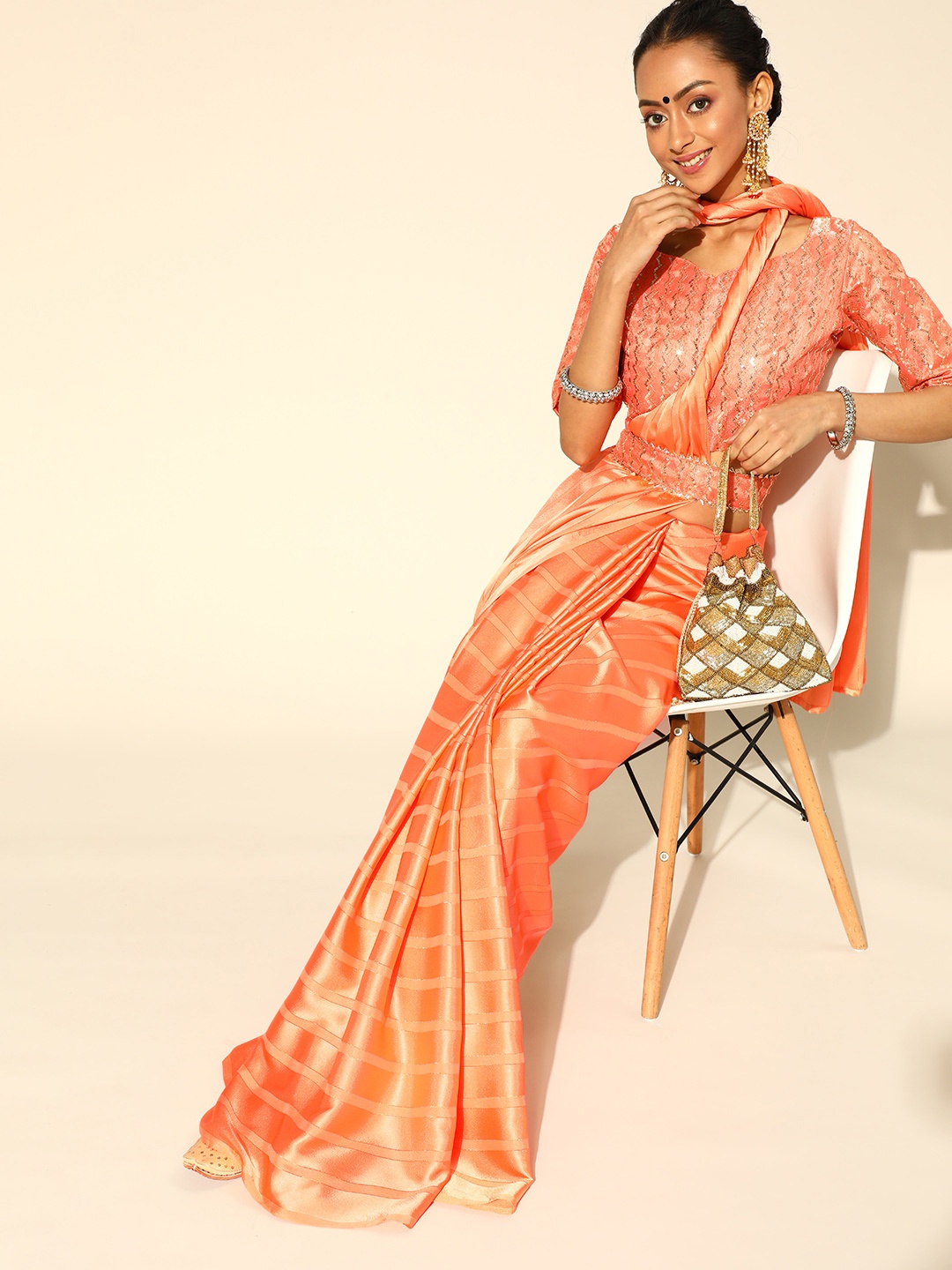 

Saree mall Orange Striped Satin Party Wear Saree with Matching Blouse