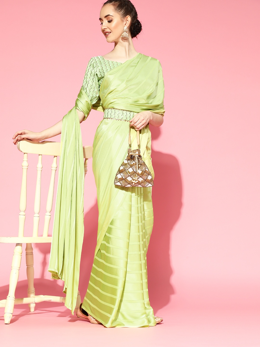 

Saree mall Green Striped Satin Party Wear Saree with Matching Blouse