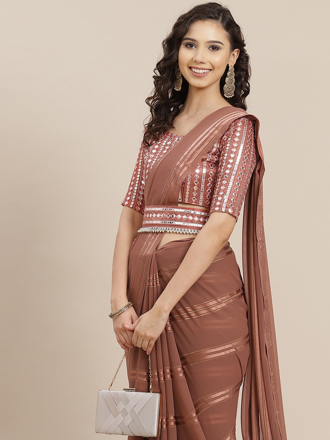 

Saree mall Brown Striped Mirror Work Sarees